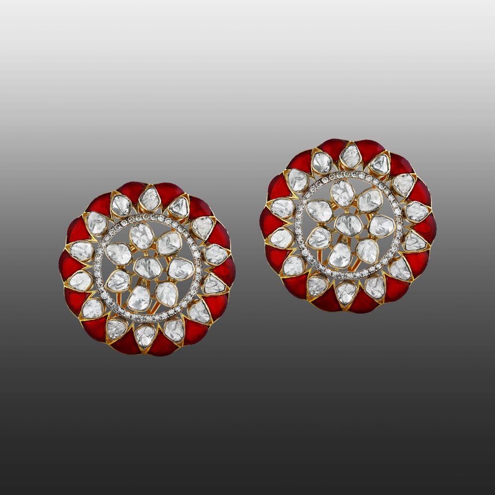 Round Polki Earrings with Red Talaf and Diamonds